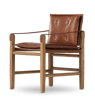 Lenz dining arm chair with wood arms and legs with leather cushions